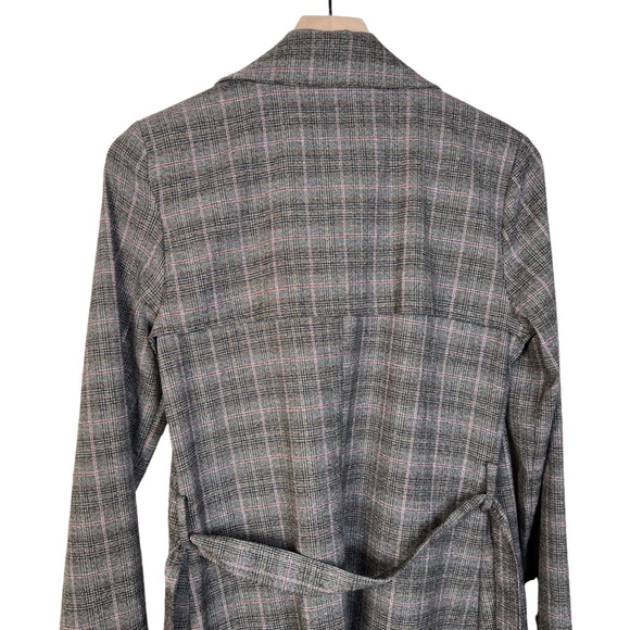 NWOT Jennifer Lopez Gray Plaid Belted Wrap Tie Waist Trench Coat Red Small - Picture 5 of 12